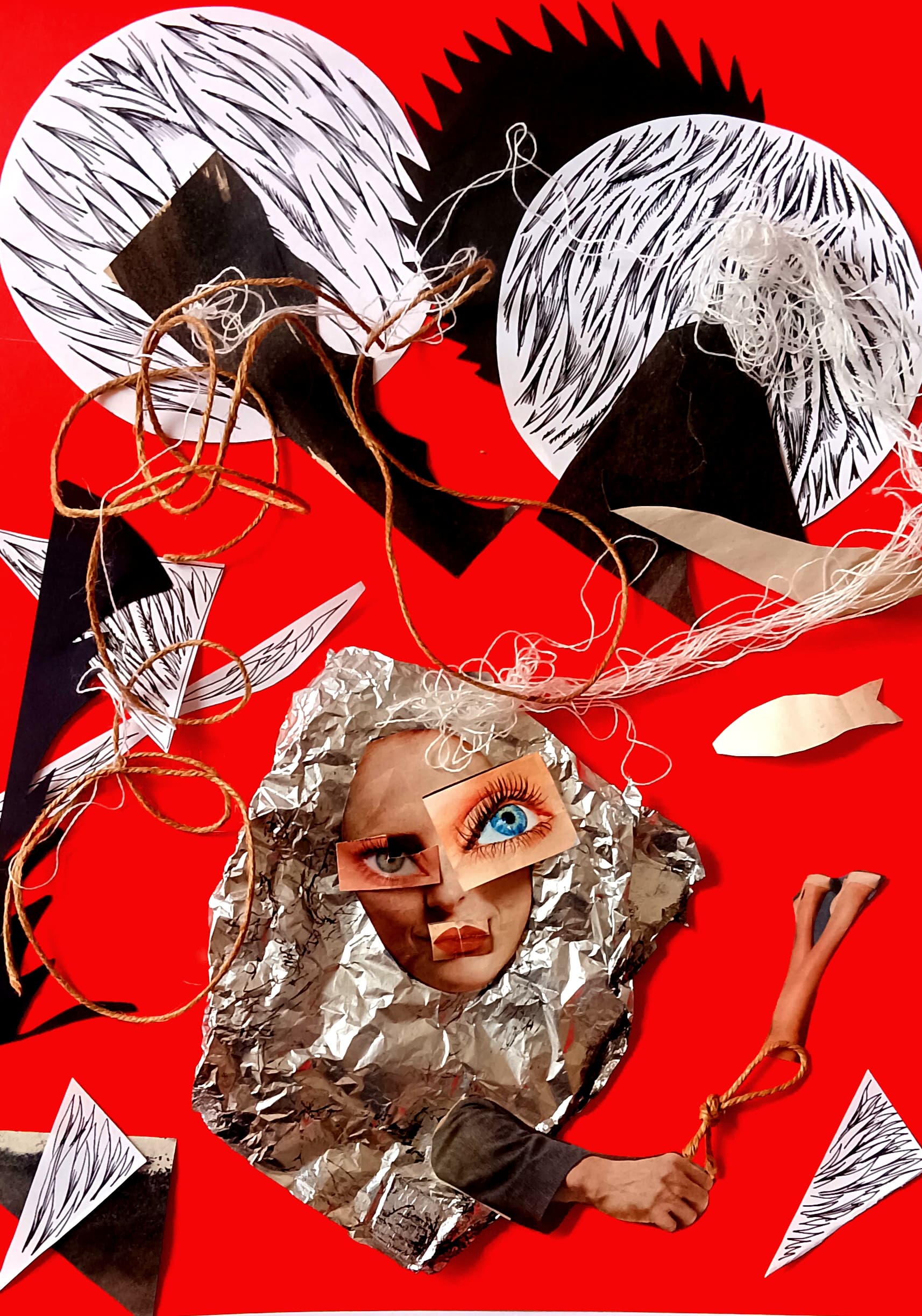 Materials: collage, foil threads, paper, cardboard. Size 40x30 cm. Year: 2024